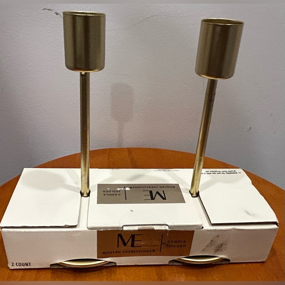 Modern Expressions Taper Candle Holders Gold Color Set of 2 NIB Home Decor